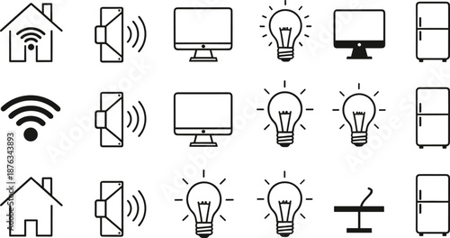 Smart home technology icons featuring WiFi house, speakers, monitors, light bulbs, refrigerators, appliances, automation symbols, and modern device illustrations
