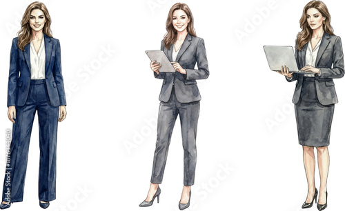 A series of watercolor paintings depicting professional working women.