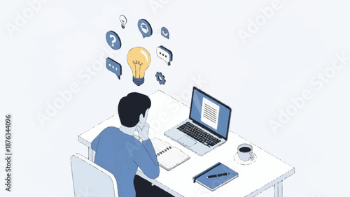 Man sitting at desk with laptop and ideas floating above.