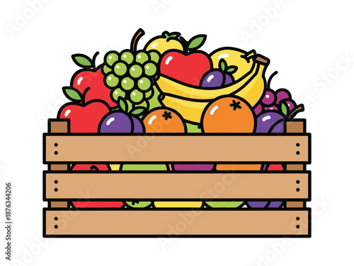 Flat minimalist wooden crate overflowing with colorful fresh fruits.
