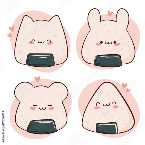 Draw funny kawaii  Japanese onigiri rice balls with nori  vector illustration. Japanese asian food, cooking, menu concept.  Doodle cartoon style.