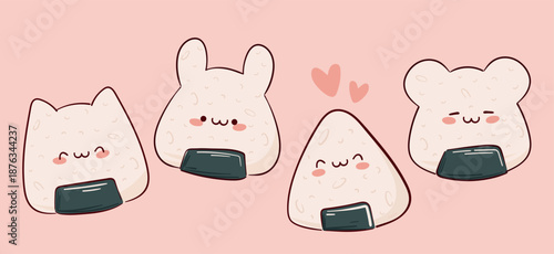 Draw funny kawaii  Japanese onigiri rice balls with nori  vector illustration. Japanese asian food, cooking, menu concept.  Doodle cartoon style.