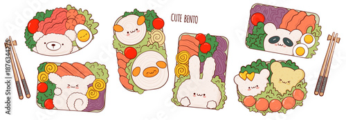 Draw funny kawaii bento box home cooking takeaway meal prep vector illustration. Japanese asian traditional  food, cooking, menu concept.  Doodle cartoon style