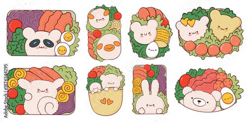 Draw funny kawaii bento box home cooking takeaway meal prep vector illustration. Japanese asian traditional  food, cooking, menu concept.  Doodle cartoon style