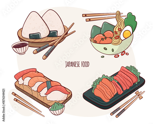 Draw sashimi, nigiri, onigiri, ramen vector illustration. Japanese asian traditional  food, cooking, menu concept.  Doodle cartoon style.