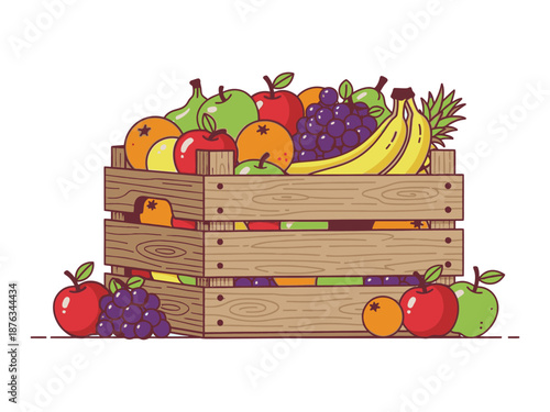 Flat minimalist wooden crate overflowing with colorful fresh fruits