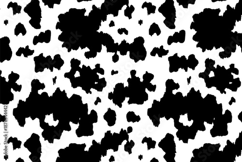 Cow monochrome pattern background. Vector animal skin print, black dalmatian spots on white. Natural spotted texture for textile, fabric, dairy farm decor, paper, backdrop, wallpaper, banner, cover.