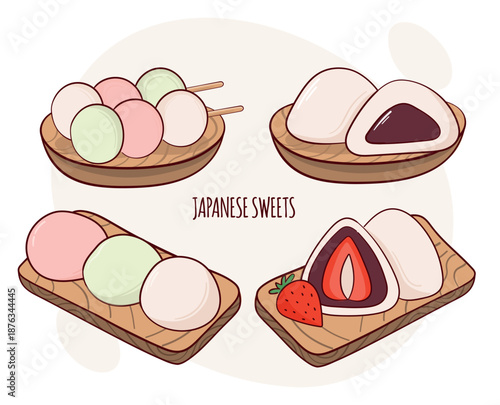 Japan tradition sweets mochi daifuku dango vector illustration. Japanese asian traditional  food, cooking, menu concept. Doodle cartoon style.