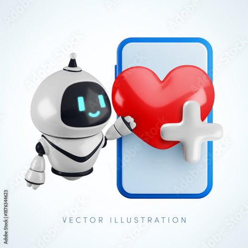 Vector cartoon 3d health and medical care mobile chat bot illustration. Realistic 3d render robot character showing smartphone with heart and plus sign. AI medicine, wellness technology service banner
