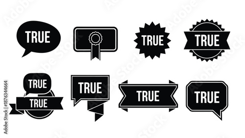 Collection of black and white true labels in various shapes and designs
