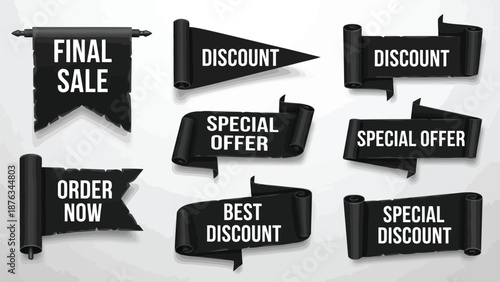 Collection of black sale ribbons and banners with promotional text