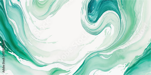 Artistic Green Splash and Fluid Ink Texture with Dynamic Marble Swirls on White Surface