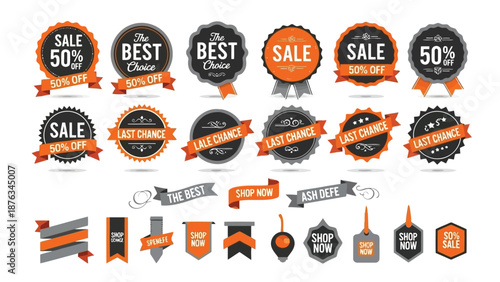 Collection of colorful sale badges and ribbons for promotional marketing designs