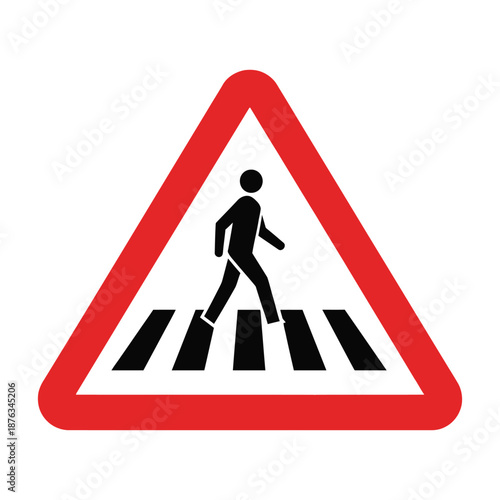 Flat minimalist pedestrian crossing sign icon in red triangle with black walking figure on zebra stripes.