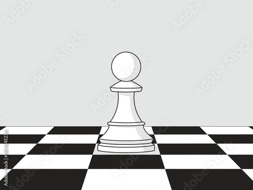 Flat minimalist white pawn chess piece icon standing on black and white chessboard square.
