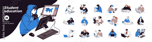 People study set. Students are learning, writing, reading, and drawing at the table. Men and women with books and computers go about business at the desk. Flat isolated vector illustrations on white