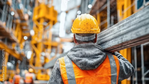 Construction worker carries metal beams over shoulder wearing safety gear in industrial warehouse setting with yellow and orange tones