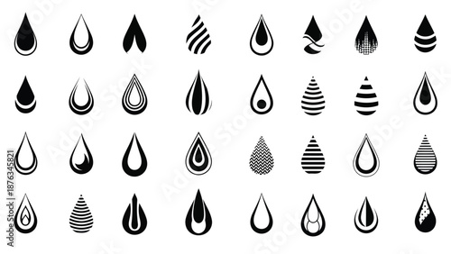 Collection of abstract black water droplet and tear shapes in various designs