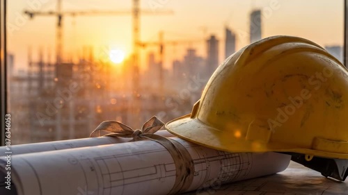Yellow Hard Hat on Blueprints Construction Progress with City Skyline, Cranes, and Sunset Architecture Scene