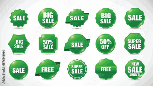 Collection of vibrant green sale badges and labels with various offers displayed