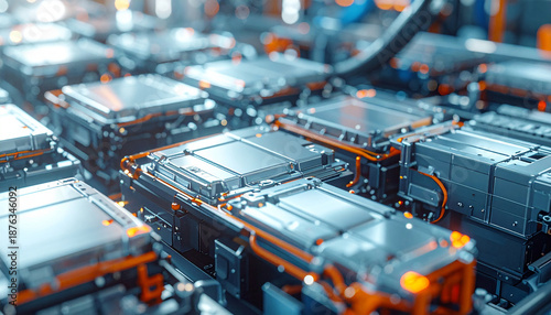 Technological Marvel: A close-up view of meticulously arranged lithium-ion batteries, a symbol of technological advancement and sustainable energy solutions. 