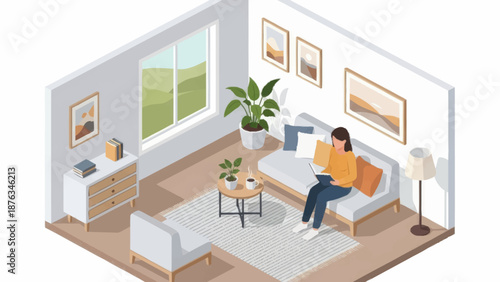 Woman relaxing on a couch in a modern living room with furniture and plants.