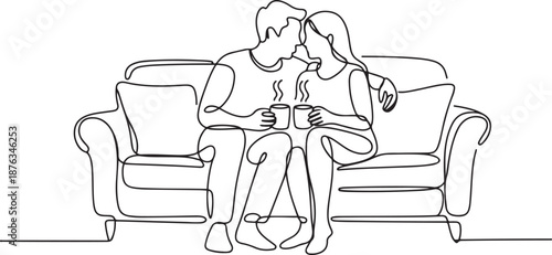 Single one line drawing happy couple sitting on the sofa, talking and drinking coffee. Man and woman have relaxing day off at living room. Romance and love concept. one line Icon drawing