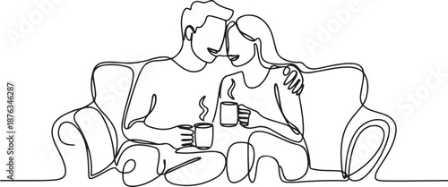 Single one line drawing happy couple sitting on the sofa, talking and drinking coffee. Man and woman have relaxing day off at living room. Romance and love concept. one line Icon drawing