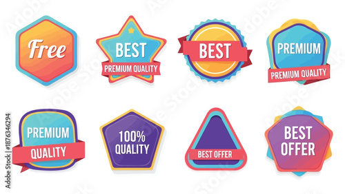 Colorful collection of various promotional labels and badges with offer text