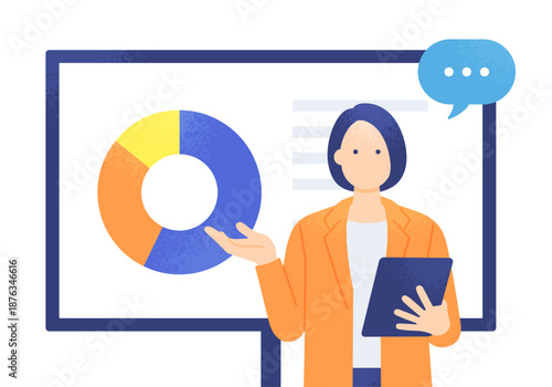 市場シェアや比率を解説。円グラフとタブレットを持つ女性アナリストのイラスト素材。