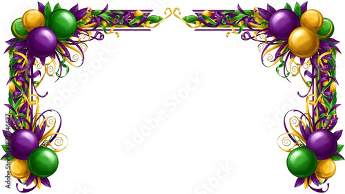 Mardi gras border frame with purple green and gold balloons isolated on transparent background