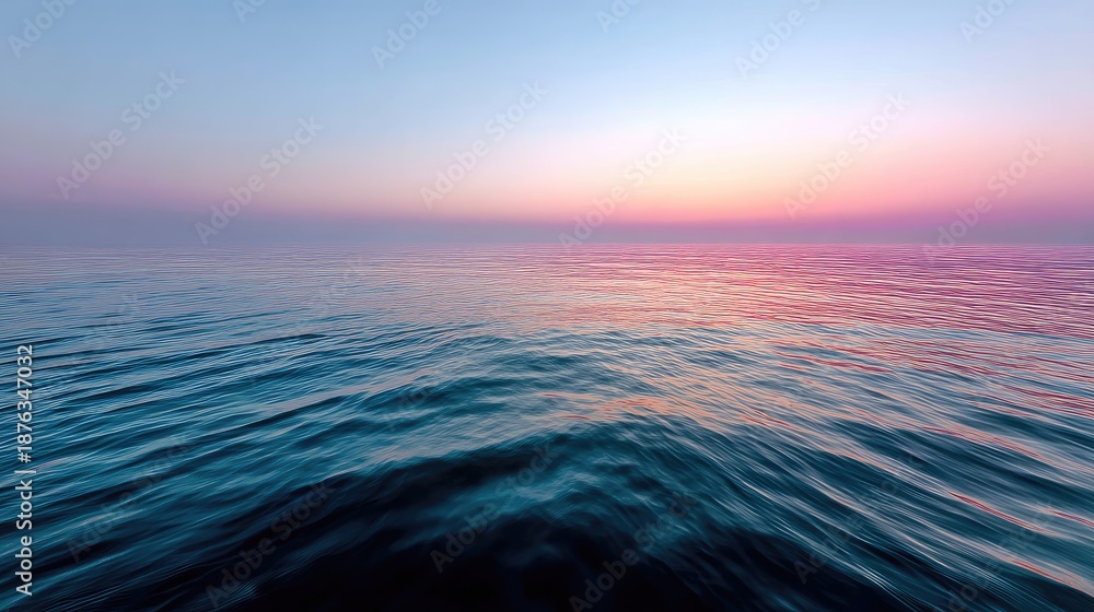 Fototapeta premium Serene Tranquility at Dusk, Calm Ocean Waves Reflecting Soft Colors of Sunset in a Peaceful Seascape with Gentle Ripples and Horizon Line
