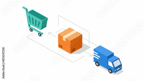 Delivery Process with Shopping Cart and Truck.