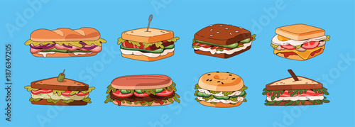 Set of different sandwiches. Fast food with toast bread, tasty burgers and delicious bagels. Various meals of fastfood restaurant for lunch, hoagies and eating. Flat isolated vector illustrations
