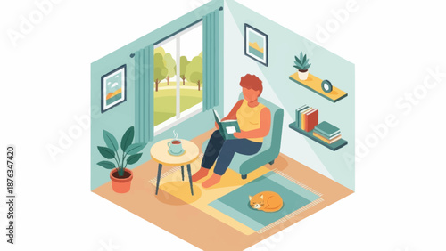 Woman relaxing in a cozy living room with a laptop.