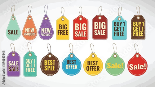 Colorful sale tags displaying promotional offers and new product announcements