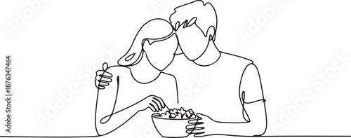 One line drawing of young happy couple male and female relaxing and spending time together eating popcorn. Romantic relationship concept. one line Icon drawing
