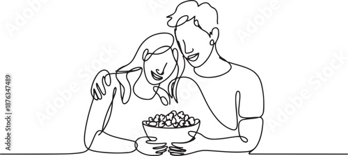 One line drawing of young happy couple male and female relaxing and spending time together eating popcorn. Romantic relationship concept. one line Icon drawing