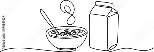 One continuous line drawing of fresh delicious cereal breakfast and milk with gable top carton box. Healthy natural food. Modern single line draw design. one line Icon drawing