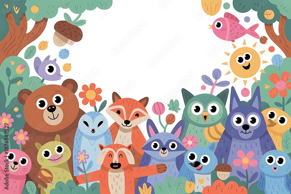 Naklejka premium a group of cartoon animals and flowers in a forest with a white background