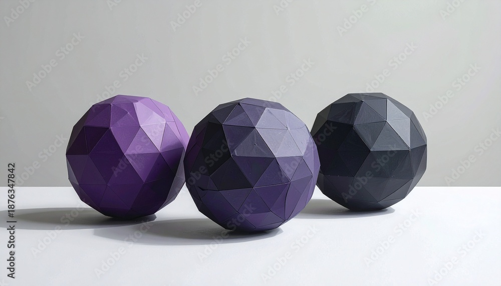 Fototapeta premium Three low-poly 3D spheres with polygonal facets placed side by side on dark surface, colored dark gray, mixed purple, and vibrant purple, lit to emphasize angular geometry and modern abstract depth.