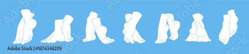 Set of silhouettes of bare feet in different poses. Row of white contour human foot. Outline barefoot men and women. Legs with toes, sole in various postures. Flat isolated vector illustrations