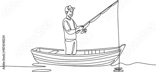 One continuous line drawing of young fisherman happy standing and fishing on the lake from the wooden boat. Fishing leisure hobby vacation concept. one line Icon drawing