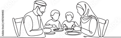 Single one line drawing diner Arabian parents and children together. Family having meal around kitchen table. Happy daddy, mom and kids eating. one line Icon drawing