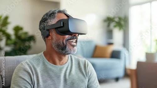 Wallpaper Mural Immersive VR Experience: A cheerful older man embraces the future of entertainment by wearing a virtual reality headset, exploring digital environments with a sense of wonder. Torontodigital.ca