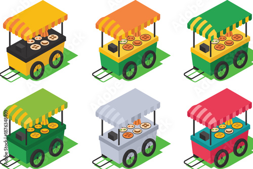 Colorful street food cart illustration set, mobile snack stalls with awnings, flat isometric design for market, festival, vendor concepts