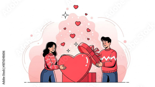 Couple sharing a large heart gift box with hearts floating around them in a romantic gesture
