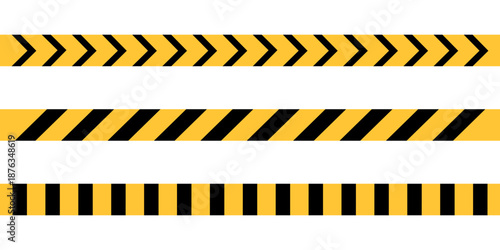 Caution tape icon set. Warning sign and symbol. Police line and construction safety hazard stripes. Vector illustration isolated on white background.