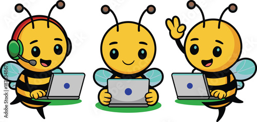 Cute cartoon bee mascot working on laptop set, friendly honeybee characters for tech support, education, kids illustration, branding design