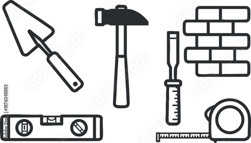 Outline vector illustration of construction tools including hammer, trowel, level, chisel, and measuring tape for DIY projects